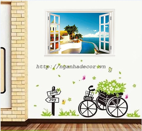 Decal dán tường Cửa sổ biển và Xe hoa xanh