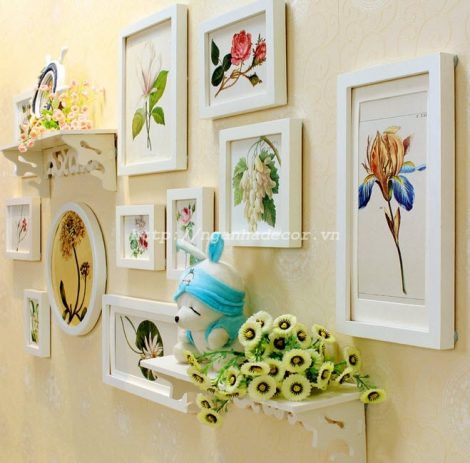 Bộ 11 khung ảnh gỗ cao cấp kèm 2 kệ hoa văn